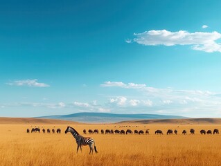 Fototapeta premium A panoramic view of an untouched savanna with wild animals thriving in their natural habitat