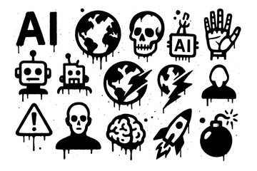 Apocalyptic AI and end of the world symbols with skulls, robots, nuclear and surveillance icons in graffiti stencil style, Transparent Background