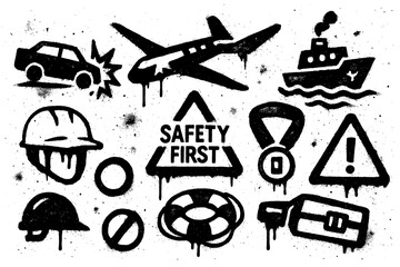 Transport safety and hazard symbols with vehicles, warning signs, helmets and emergency icons in graffiti stencil style, Transparent Background