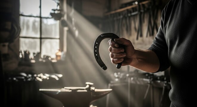 Gripped firmly in hand, the horseshoe emerges as a symbol of luck against the workshop's stark backdrop.
