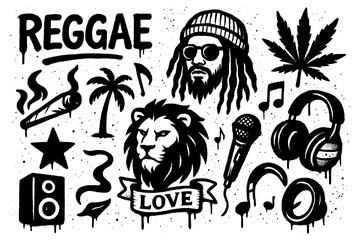 Reggae music elements with dancing figure, cannabis leaf, flags and musical notes in graffiti stencil style, Transparent Background