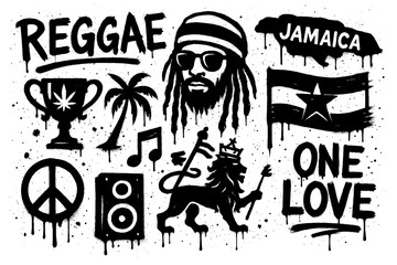Reggae music elements with dancing figure, cannabis leaf, flags and musical notes in graffiti stencil style, Transparent Background