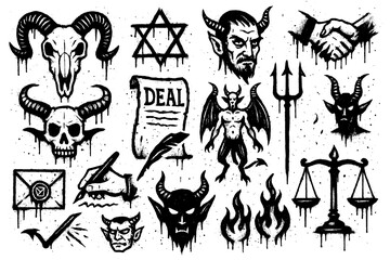 Grunge style handshake, contracts, quill pen and abstract symbols in graffiti texture, Transparent Background