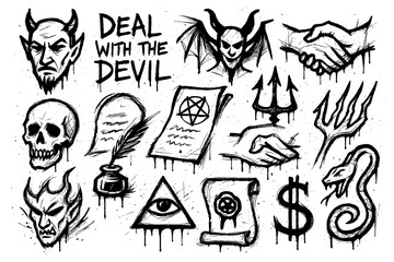 Grunge style handshake, contracts, quill pen and abstract symbols in graffiti texture, Transparent Background