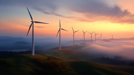 Wind turbines generating clean energy at sunset over foggy hills