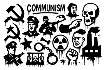 Grunge style fists, stars, skulls, explosion and abstract hazard symbols, Transparent Background
