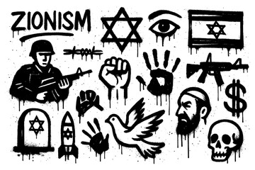 Grunge style fists, stars, globe, camera and abstract symbols, Transparent Background