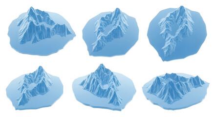 Six 3D mountain illustrations on white background showing topographical landscape views potentially for graphic design