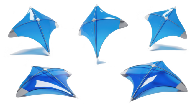 Five blue kites levitating in a studio with a white background showing different angles; ideal for playful or airy concepts