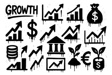 Business growth icons with charts, dollar signs, money bags, and graffiti stencil style, Transparent Background