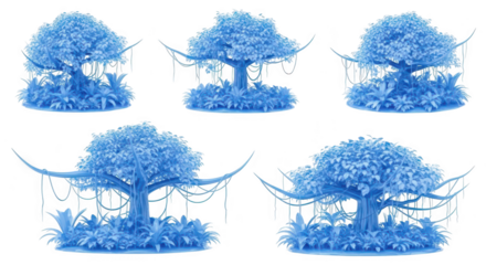Five stylized blue trees with foliage and vines on a white background for use in architectural renderings or digital art