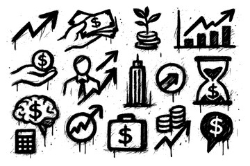 Fototapeta premium Business growth icons with charts, dollar signs, money bags, and graffiti stencil style, Transparent Background