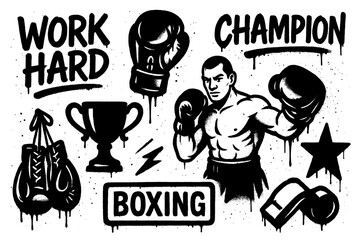 Boxing elements with gloves, fighter, trophies, punching bag, and graffiti stencil style, Transparent Background © SenorPinky