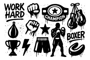 Boxing elements with gloves, fighter, trophies, punching bag, and graffiti stencil style, Transparent Background