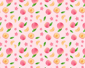 桃 水彩手描きイラスト シームレスパターン ピンク 背景