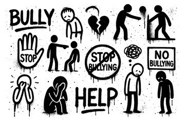 Anti bullying icons with sad faces, stop signs, silhouettes, and graffiti stencil style, Transparent Background