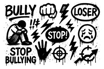 Anti bullying icons with sad faces, stop signs, silhouettes, and graffiti stencil style, Transparent Background