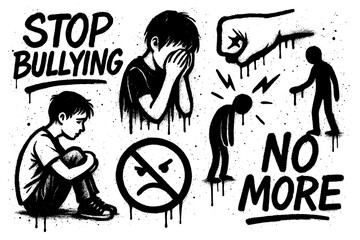Anti bullying icons with sad faces, stop signs, silhouettes, and graffiti stencil style, Transparent Background