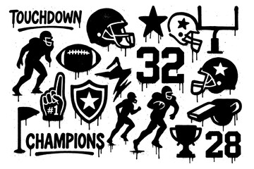 American football gear with helmets, ball, trophy, jerseys, and game icons in graffiti stencil style, Transparent Background © SenorPinky