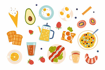 Colorful Breakfast Food Illustration with Eggs Avocado Toast Bacon and Beverages on White