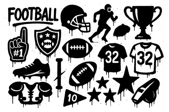 American football gear with helmets, ball, trophy, jerseys, and game icons in graffiti stencil style, Transparent Background