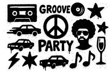 Retro disco and funk icons with music, dance, and party elements in graffiti stencil style, Transparent Background