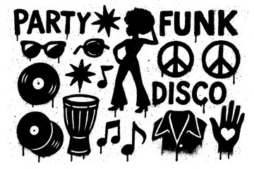 Retro disco and funk icons with music, dance, and party elements in graffiti stencil style, Transparent Background