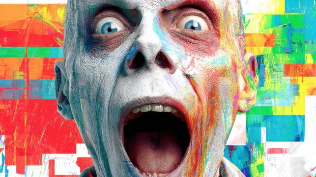 A vivid digital portrait of a wide-eyed person screaming, blending intense colors and glitch-like art for a striking, surreal effect.