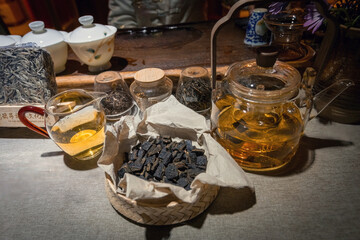 Chinese tea ceremony attributes, tea jars and utensiles in China tea shop