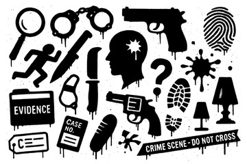 Fototapeta premium Crime investigation icons with weapons, evidence, and forensic elements in graffiti stencil style, Transparent Background