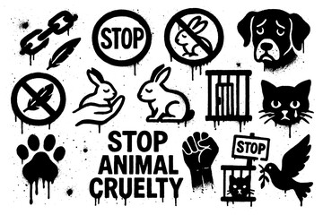 Animal rights protest icons with slogans, animals, scales, and activist symbols in bold graffiti style, Transparent Background