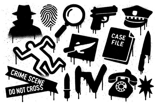 Crime investigation icons with weapons, evidence, and forensic elements in graffiti stencil style, Transparent Background