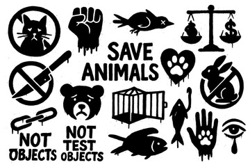 Animal rights protest icons with slogans, animals, scales, and activist symbols in bold graffiti style, Transparent Background