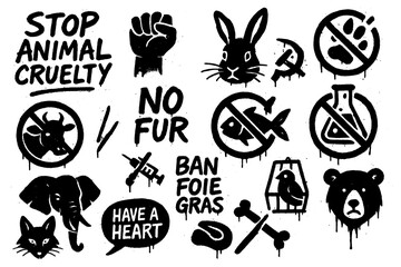 Naklejka premium Animal rights protest icons with slogans, animals, scales, and activist symbols in bold graffiti style, Transparent Background