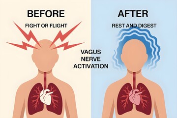 Obraz premium Illustration of vagus nerve activation showing 'before' fight/flight and 'after' rest/digest states.