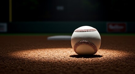 A close-up of a baseball resting on the infield dirt, illuminated by a spotlight.
