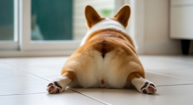 Rear view of an adorable Corgi puppy lying on a tiled floor with its legs stretched out.