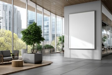 Fototapeta premium A modern office space featuring large windows, a minimalist design, and green plants for a fresh atmosphere.