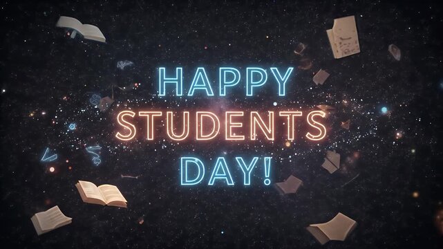 Happy Students Day Animated Neon Text with Flying Books and Icons