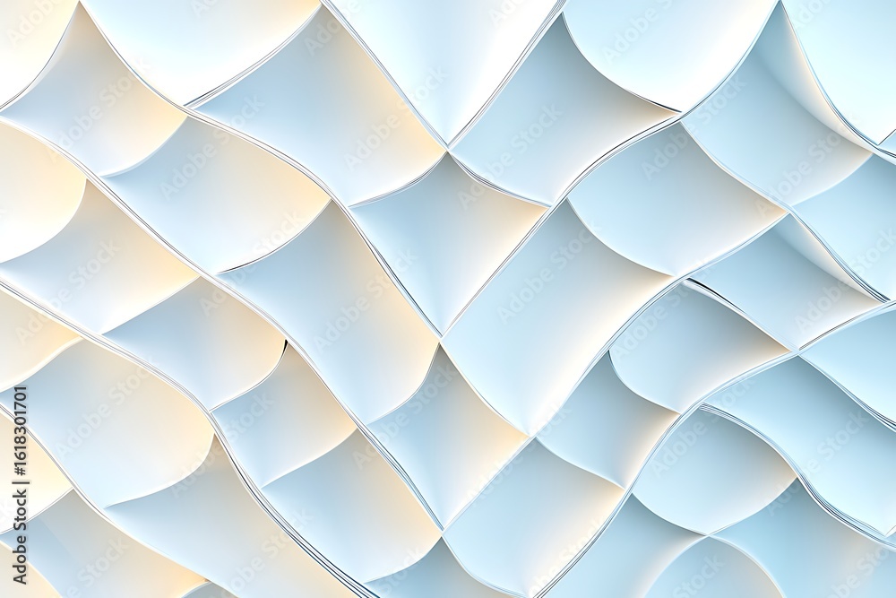 Poster abstract pattern of curving paper sheets creating wavy textures with soft light and shadows in a mod