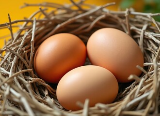 Three brown eggs nestled in a rustic bird s nest