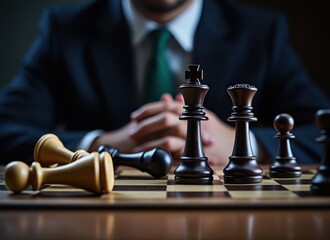 Businessman strategizing with chess pieces on a board