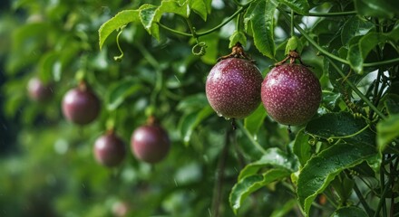 Passion fruits hanging amongst vibrant green leaves with blurred background