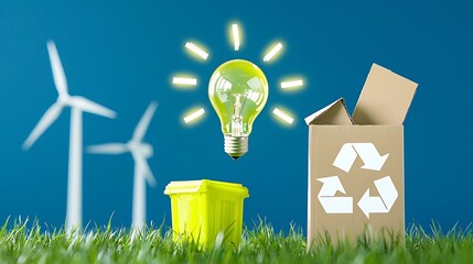 Conceptual image of renewable energy with light bulb, recycling box, green waste container, and wind turbines in background