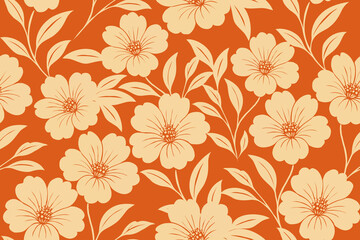 Seamless floral pattern with large beige blossoms and leafy branches on a bold terracotta background. Perfect for retro-themed fabrics, wallpapers, or prints.