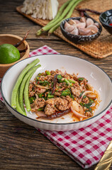 The Spicy minced pork salad for Thai food and cooking concept   