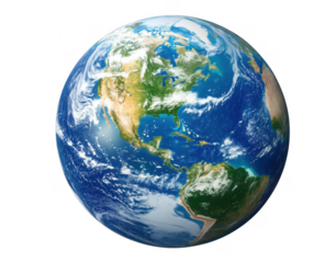 Detailed and realistic rendering of planet earth with oceans and landmasses isolated on transparent background