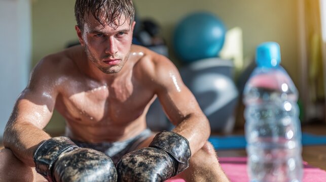 Recovery Mode: Exhausted Boxer Taking a Breather on Workout Mat with Water Bottle and Sweaty Skin - Powered by Adobe