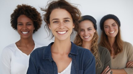 Group portraits of diverse, smiling women in casual clothing, expressing unity and positivity against clean white backgrounds