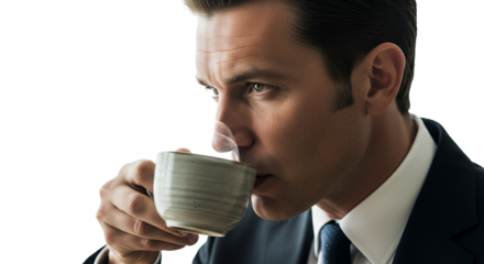 Businessman drinking hot beverage close up morning routine